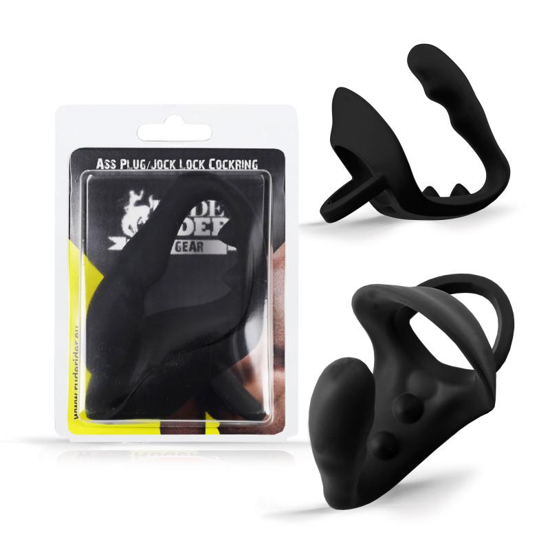 Rude Rider Ass Plug/Jock Lock Cockring Silicone Black Rude Rider Ass Plug/Jock Lock Cockring Silicone Black