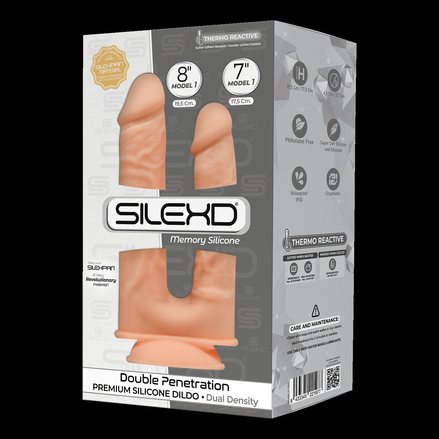 SILEXD Premium Silicone Dildo Model 1 Double Penetration (No Motor), 17,5 & 19,5 cm, Light skin