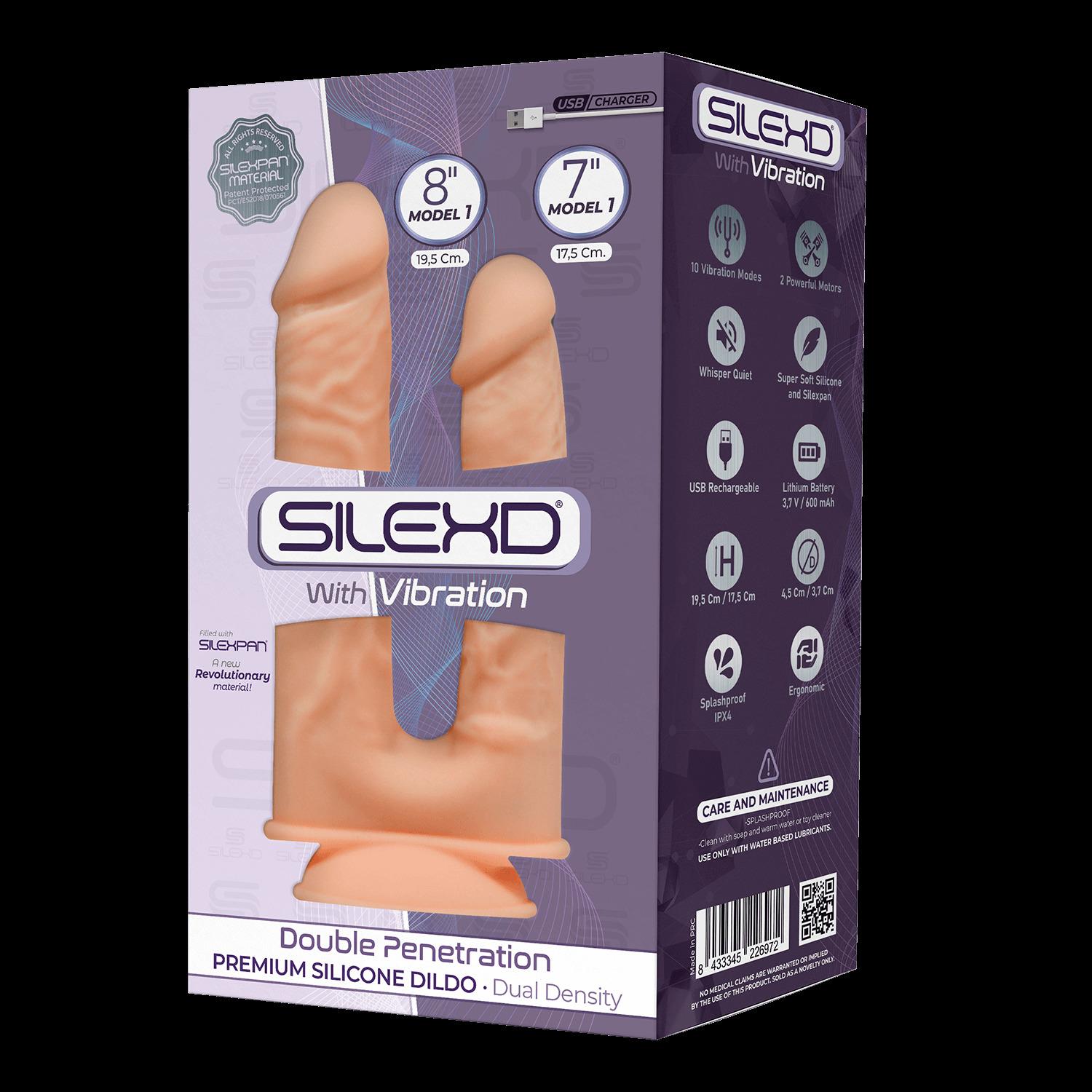 SILEXD Premium Silicone Dildo Model 1 Double Penetration Vibration, 17,5 & 19,5 cm, Light skin