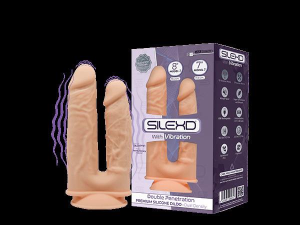 SILEXD Premium Silicone Dildo Model 1 Double Penetration Vibration, 17,5 & 19,5 cm, Flesh