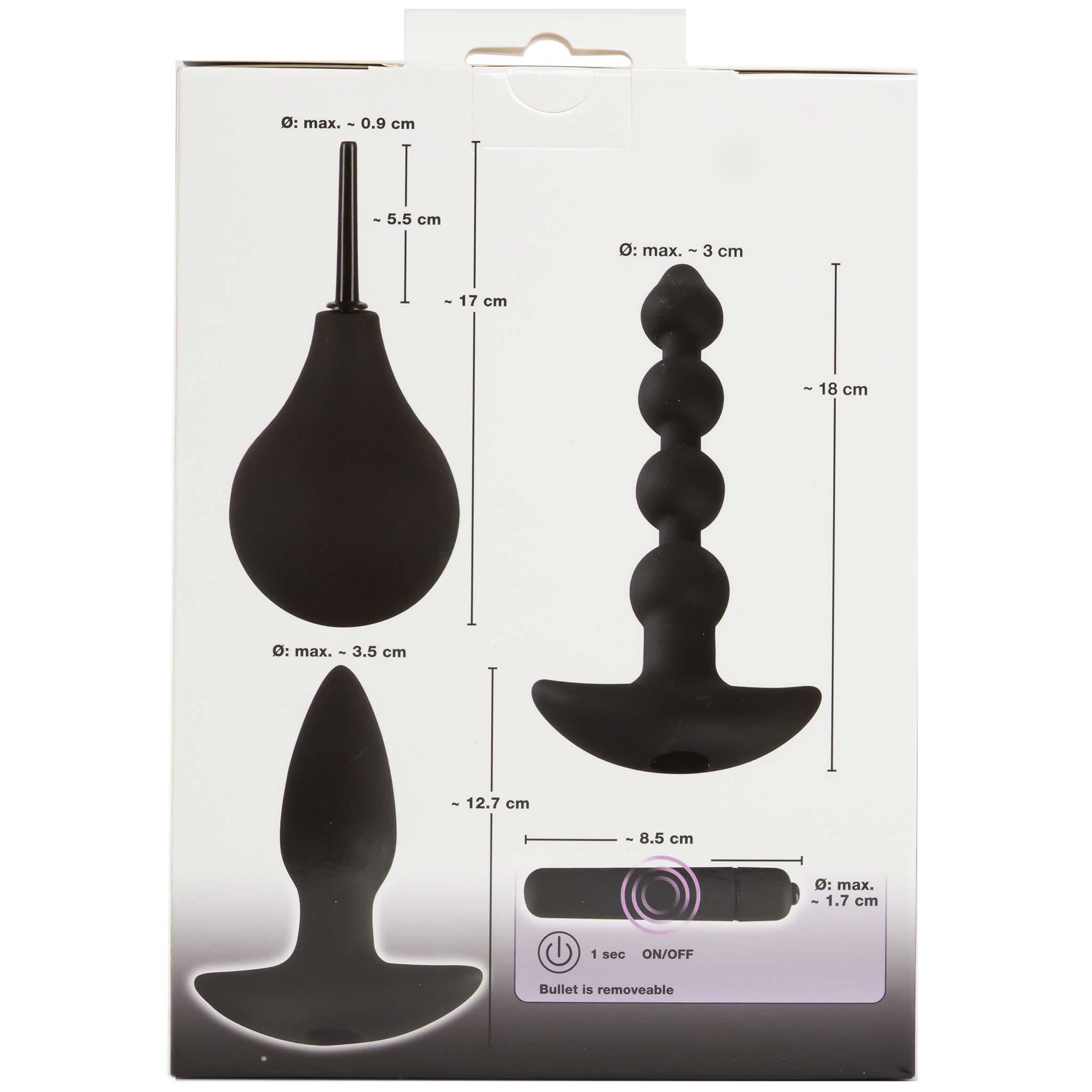 Black Velvets Anal Kit, plug, beads and intimate douche, Black, 18 cm