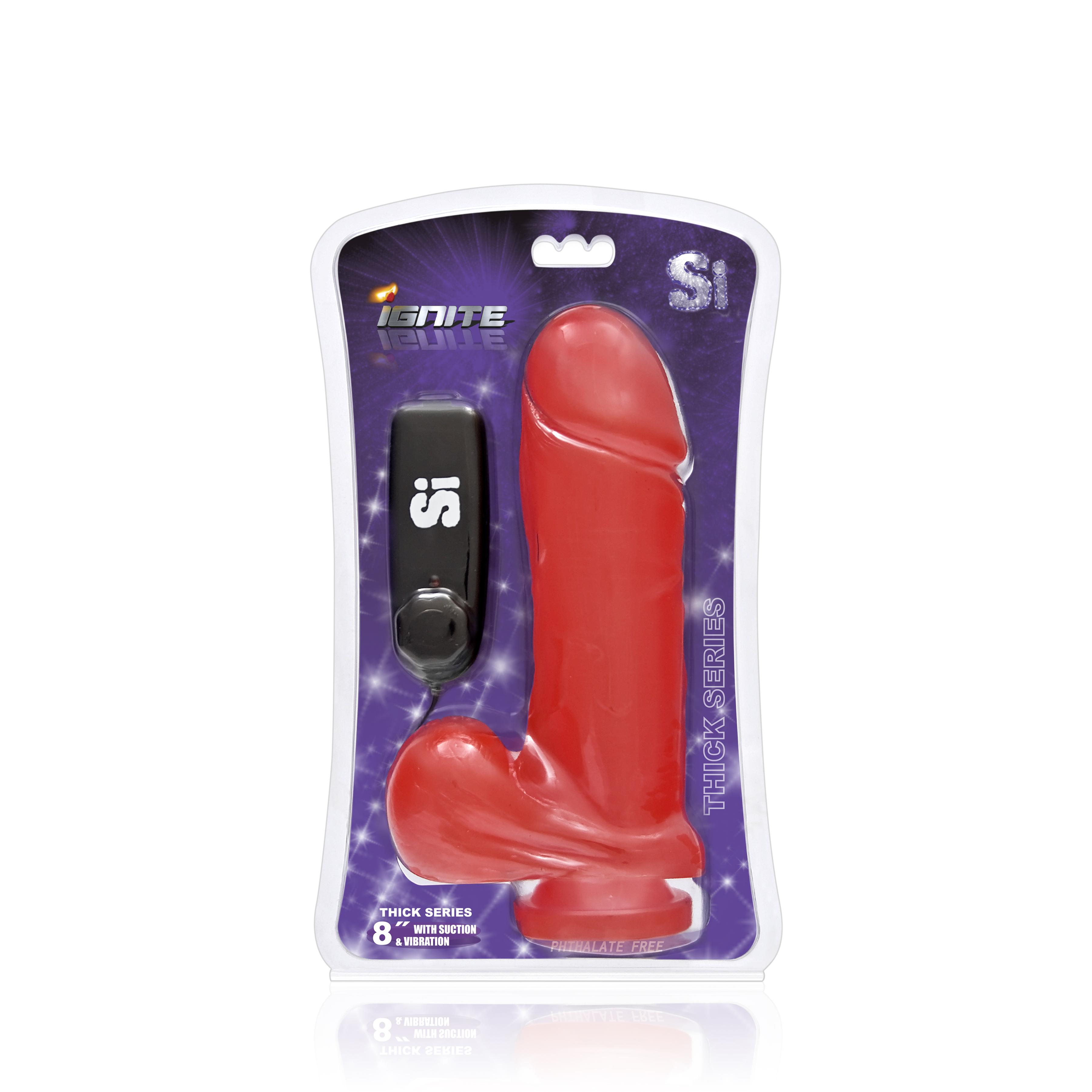 SI IGNITE Vibrating Thick Cock with Balls and Suction, Red, 20 cm