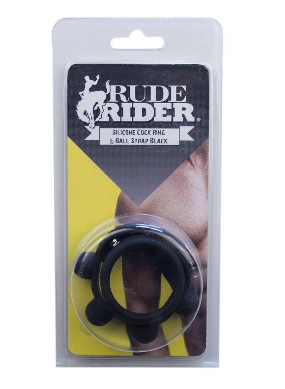 Rude Rider Silicone Cockring & Ball Strap, Black, ¯ 60 mm