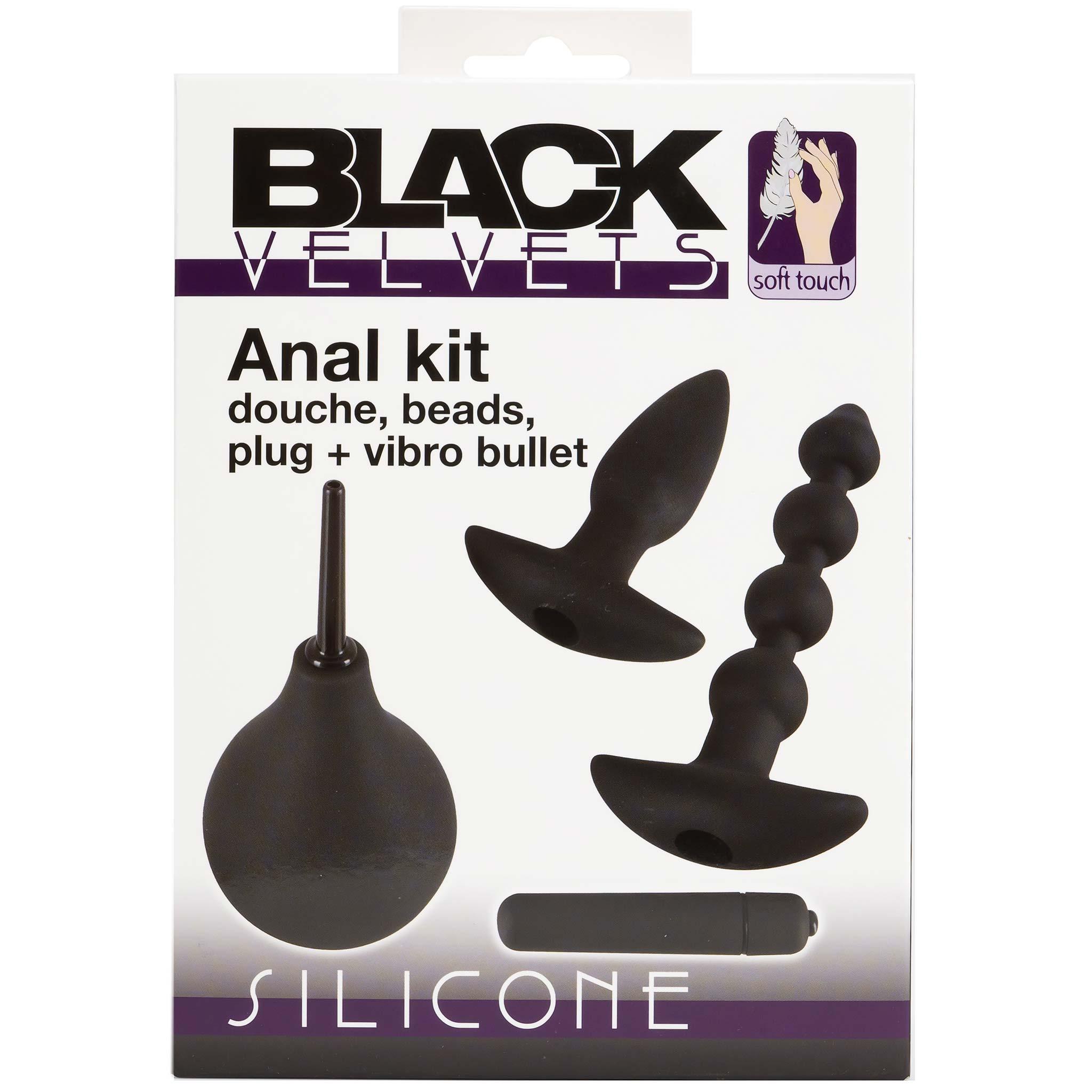 Black Velvets Anal Kit, plug, beads and intimate douche, Black, 18 cm