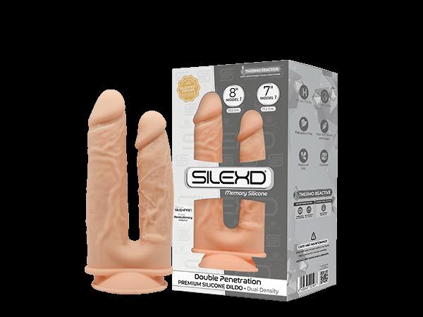 SILEXD Premium Silicone Dildo Model 1 Double Penetration (No Motor), 17,5 & 19,5 cm, Light skin