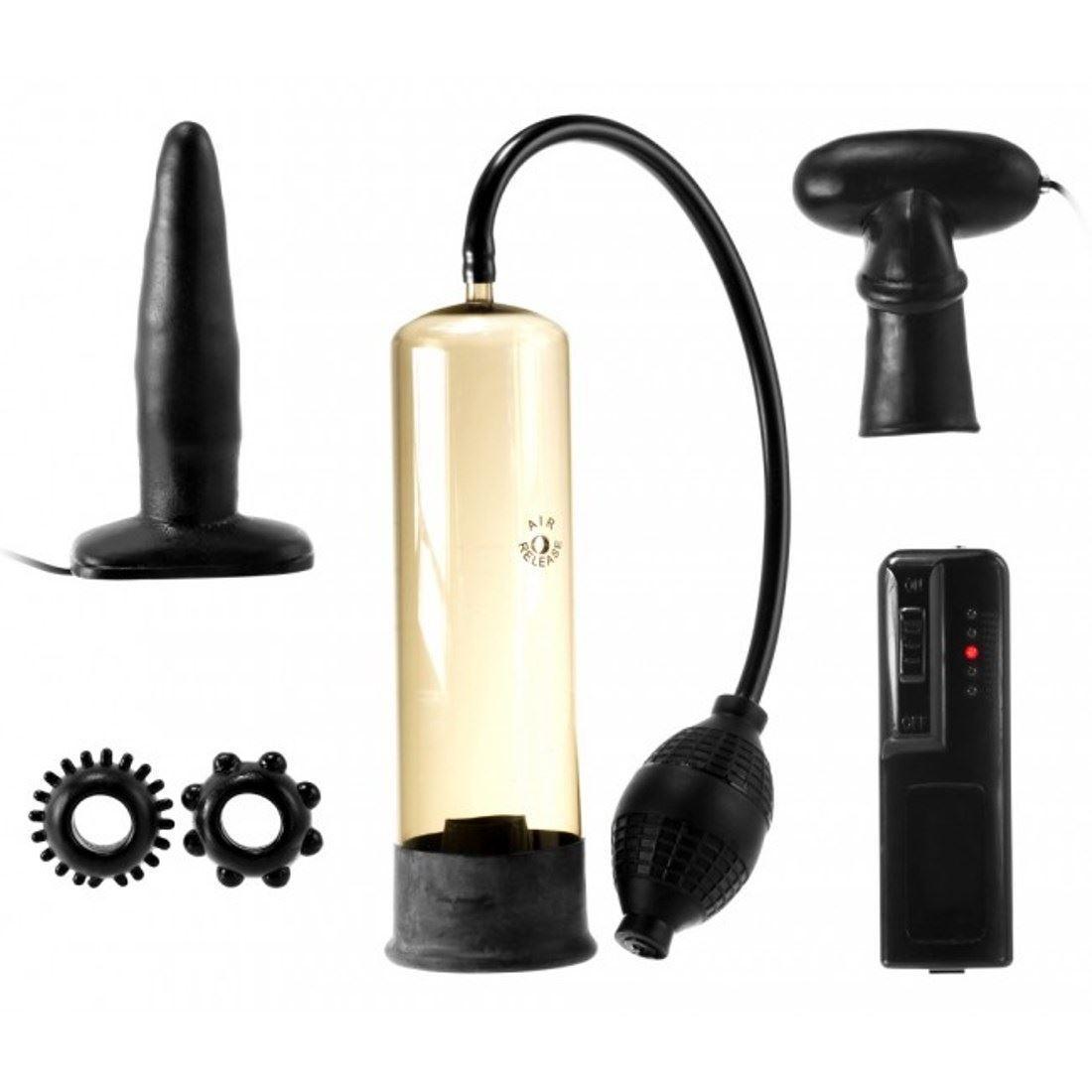 Male Kit 5 pcs, Penis Pump, Butt Plug, Cockrings, Penis-Head-Vibe, Black