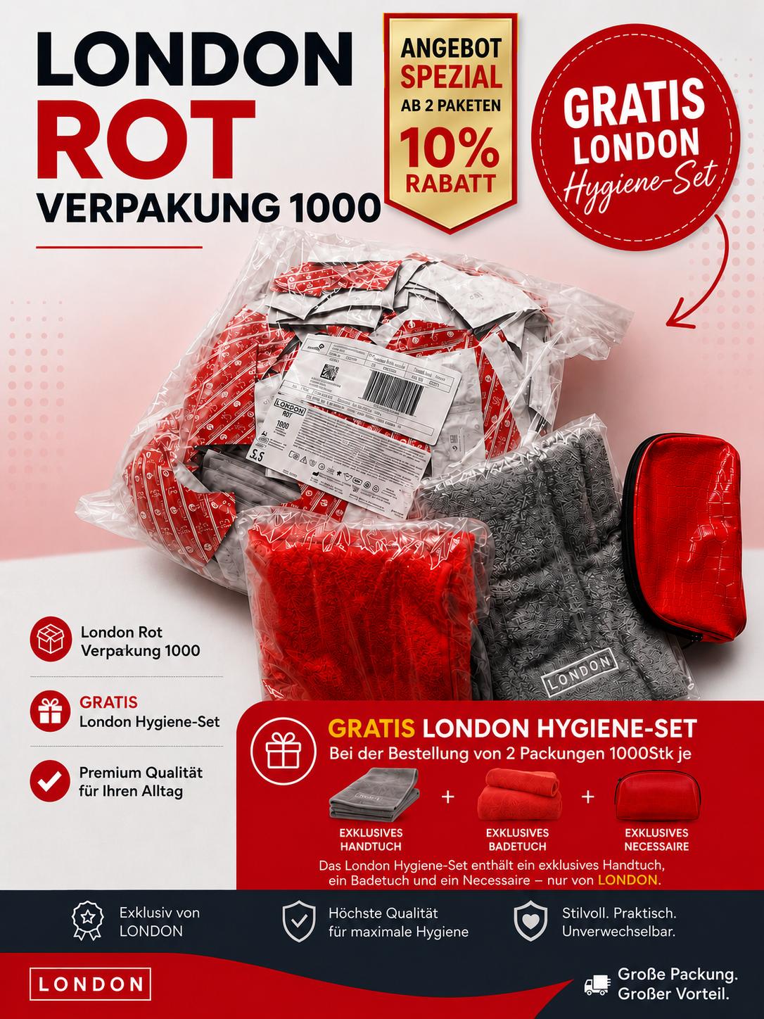 London Hygiene-Set: 2x London Rot (1000 Stk) + Gratis Pack